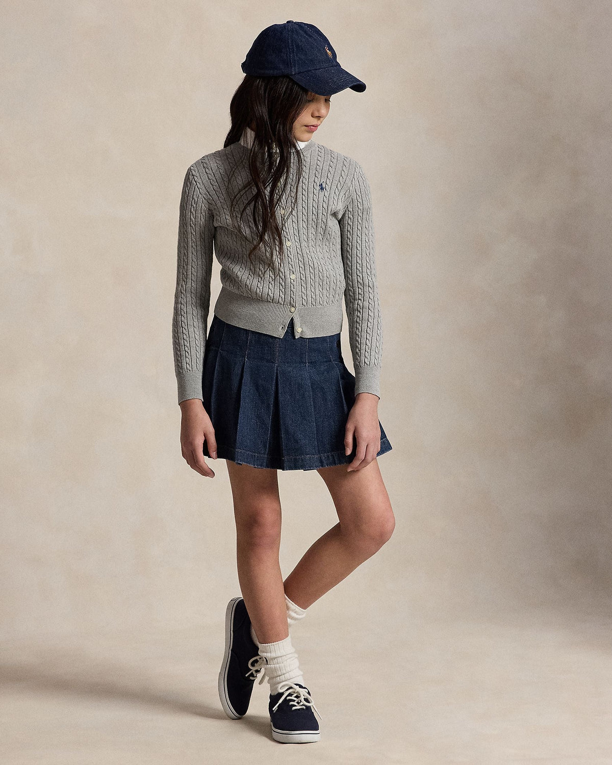 Ralph Lauren Girls Cable-Knit Cotton Cardigan light grey