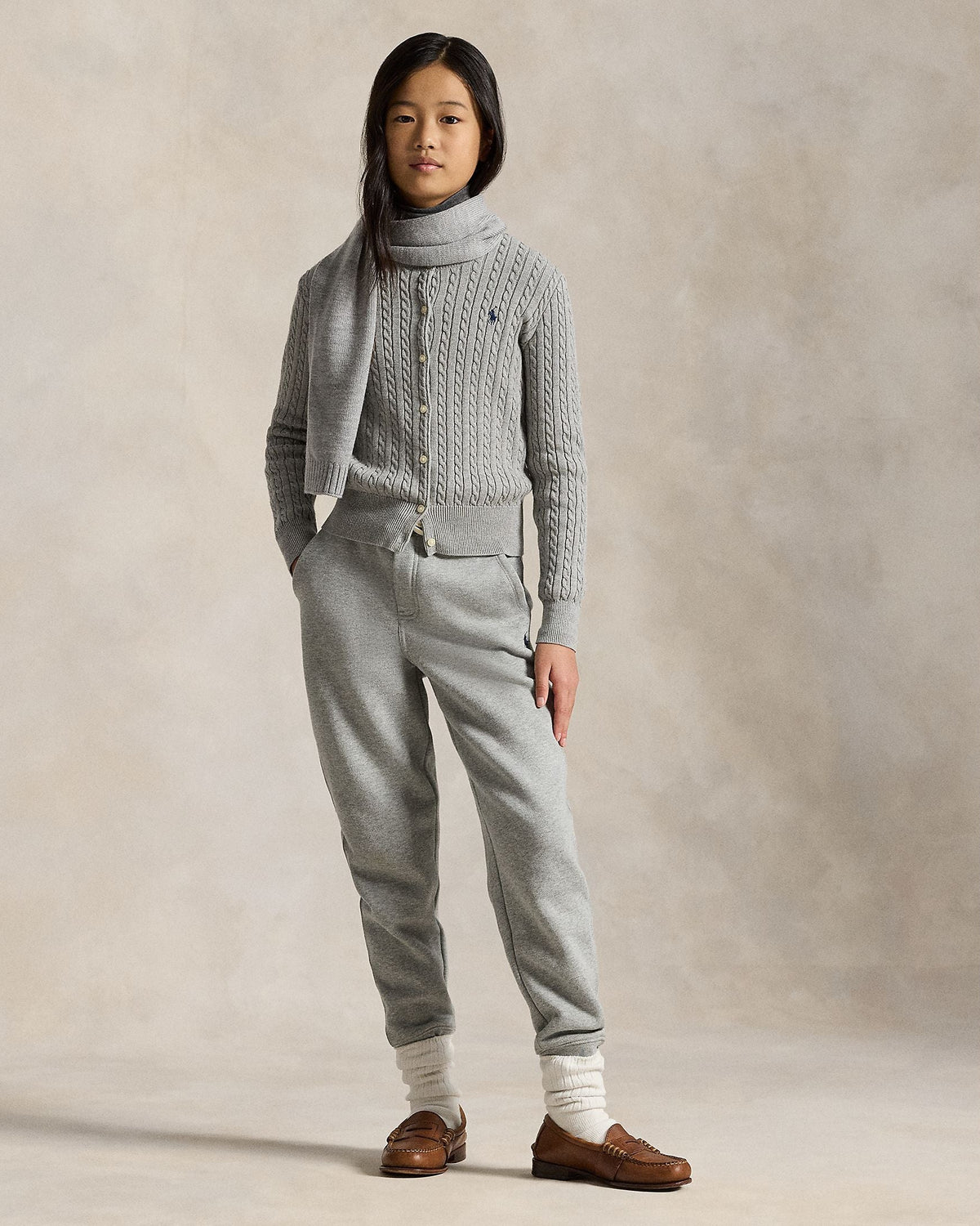 Ralph Lauren Girls Cable-Knit Cotton Cardigan light grey