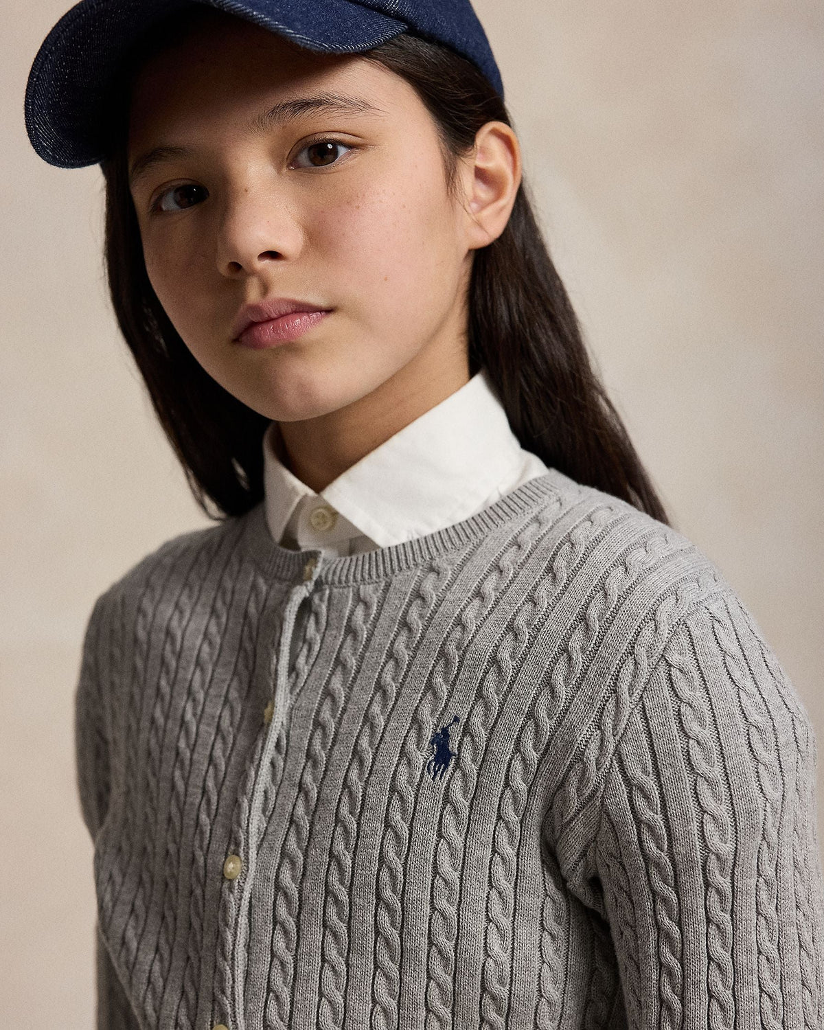 Ralph Lauren Girls Cable-Knit Cotton Cardigan light grey