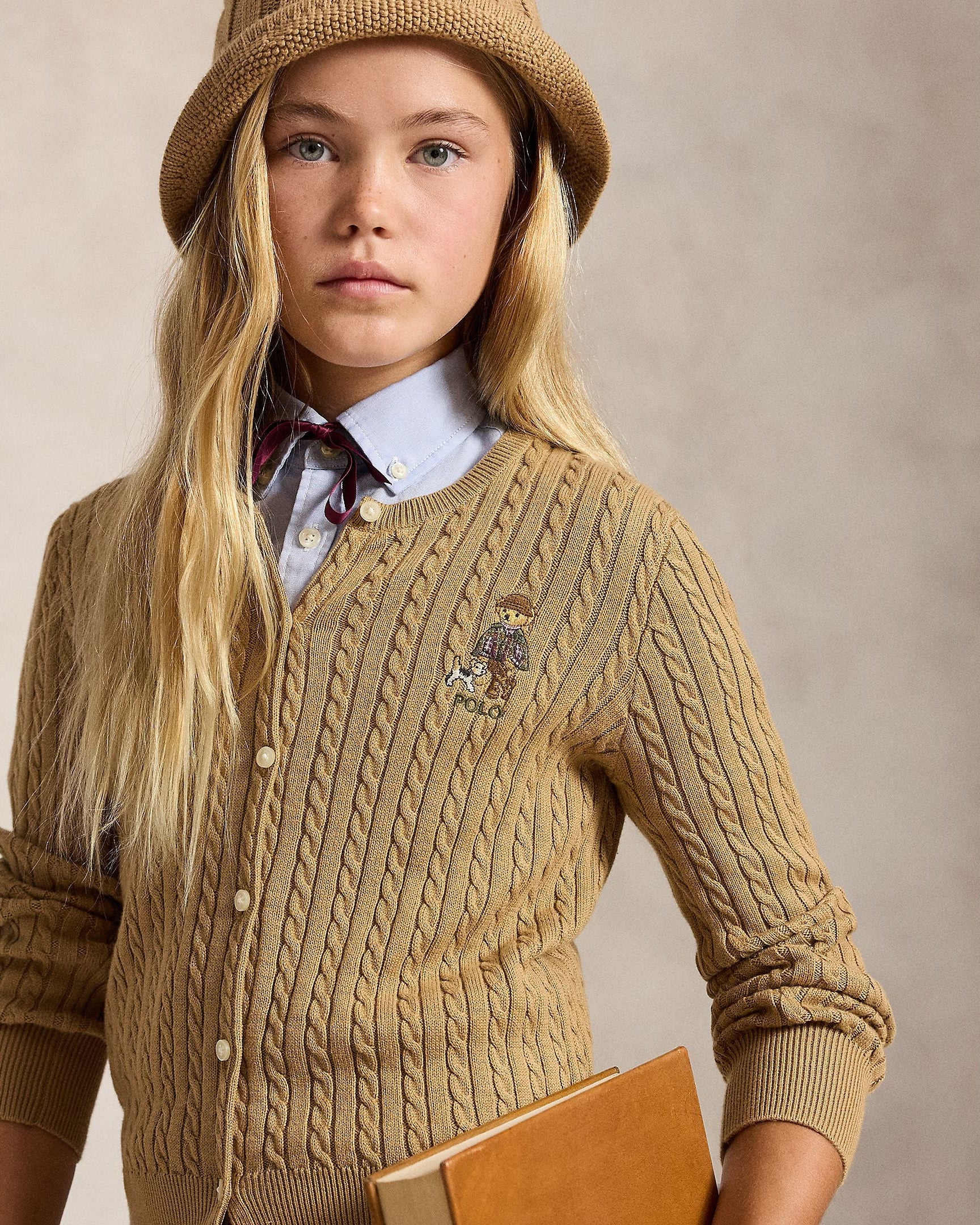 Ralph Lauren Girls Cable-Knit Polo Bear Cotton Cardigan