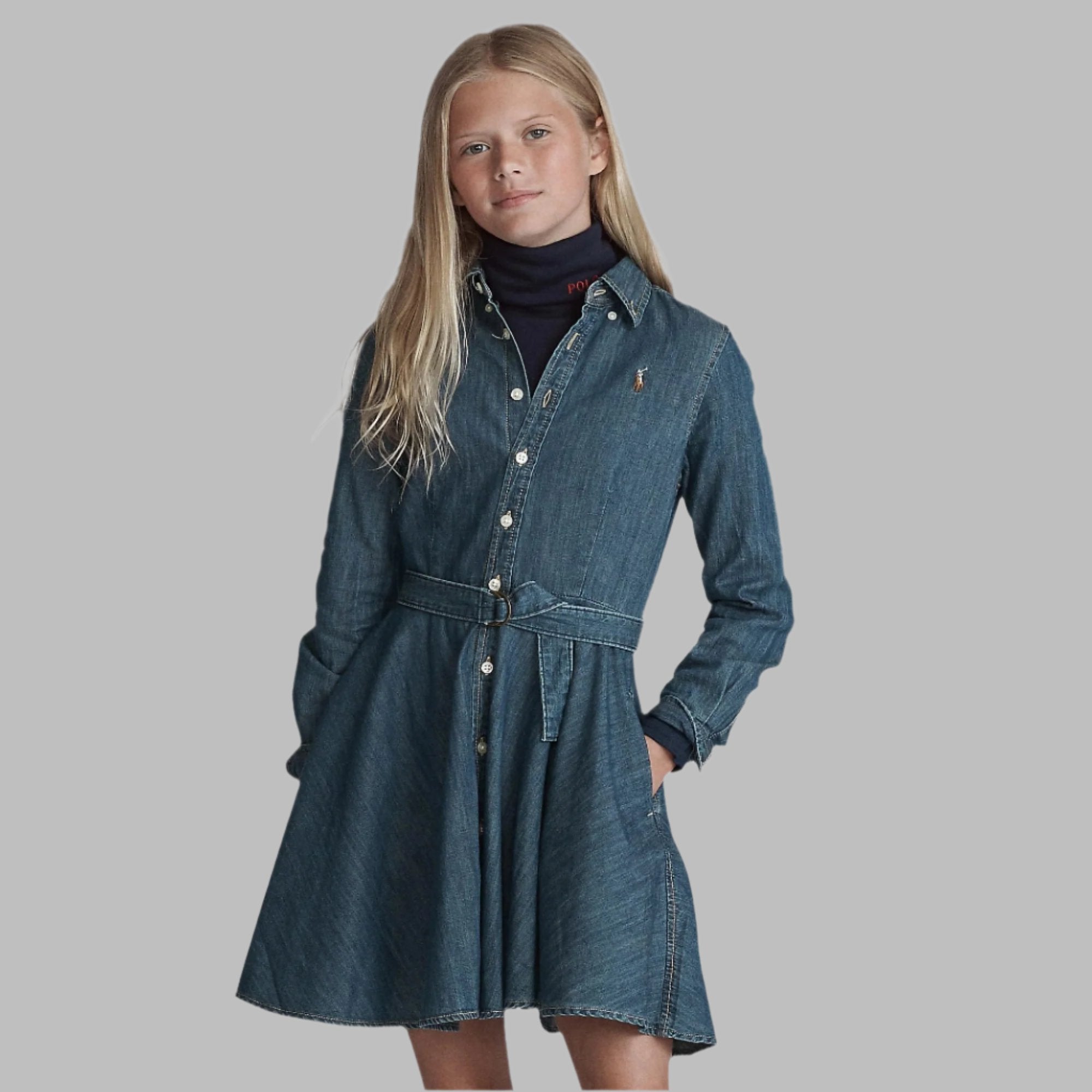Ralph Lauren Girls Belted Cotton Denim Skirt Dress - NorthGirls
