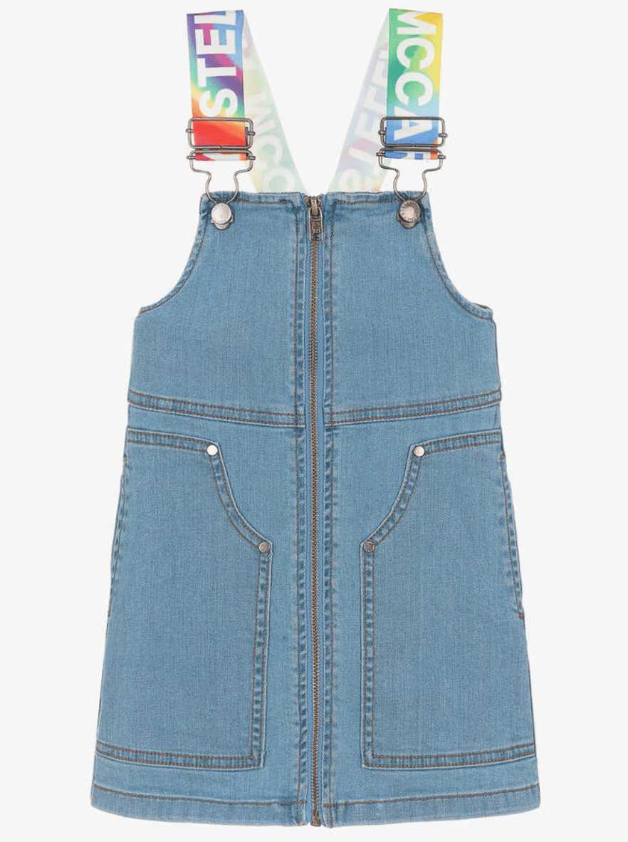 Stella McCartney Blue Denim Dungaree Dress With Rainbow Logo Tape   NorthGirls