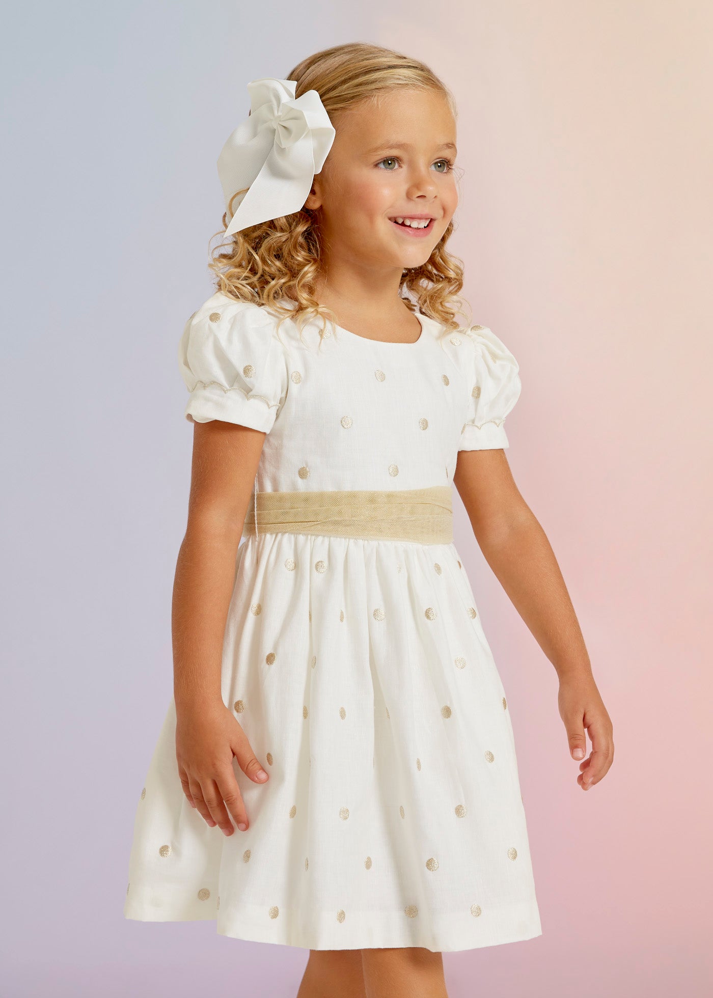 Abel & Lula Cap Sleeve Polka Dot Tulle Dress w/Belt _White 5025-009   NorthGirls