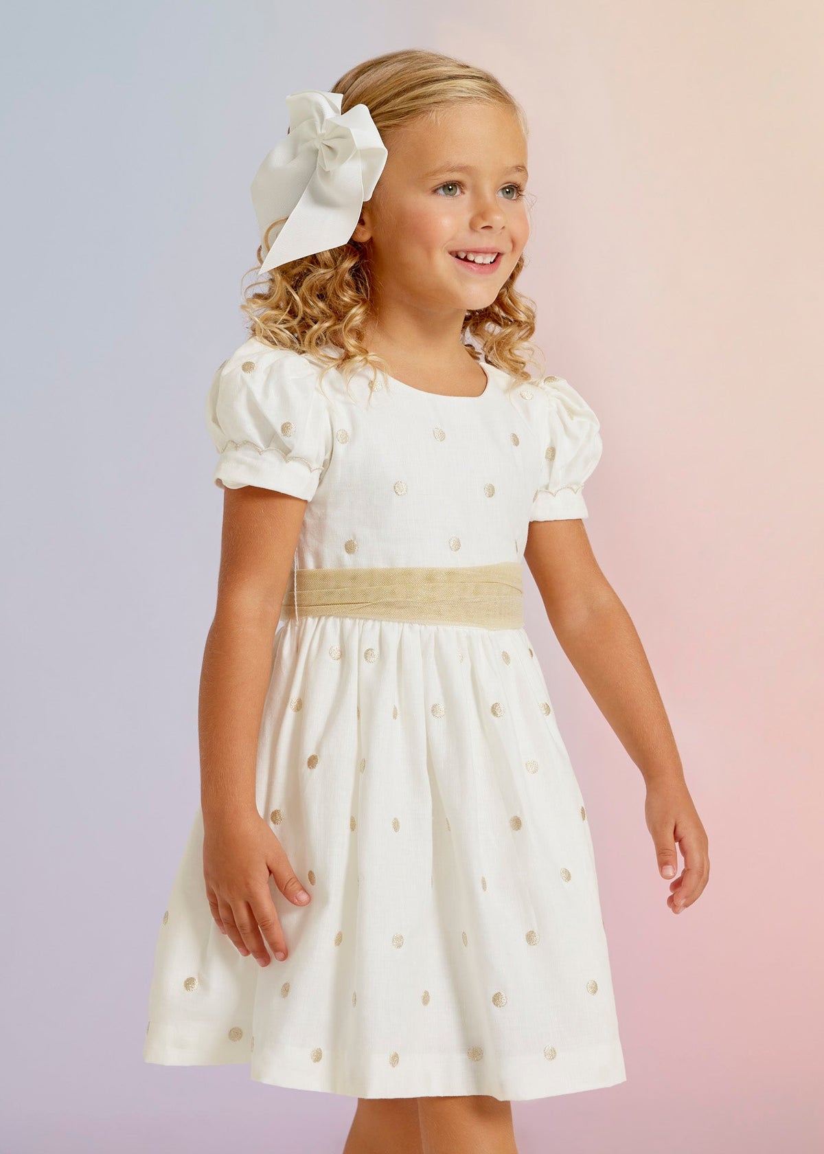 white dress with gold polka dots Abel & Lula Cap Sleeve Dot Tulle w/Belt _White 5025-009 flapper custume this dress is sure Skims Cotton Rib Tank Size:120