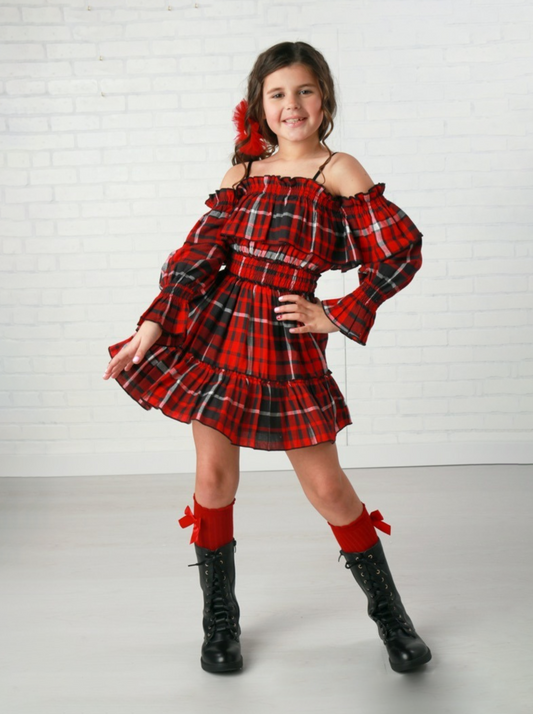 Ooh! La La! Red Avery Plaid Off The Shoulder Dress