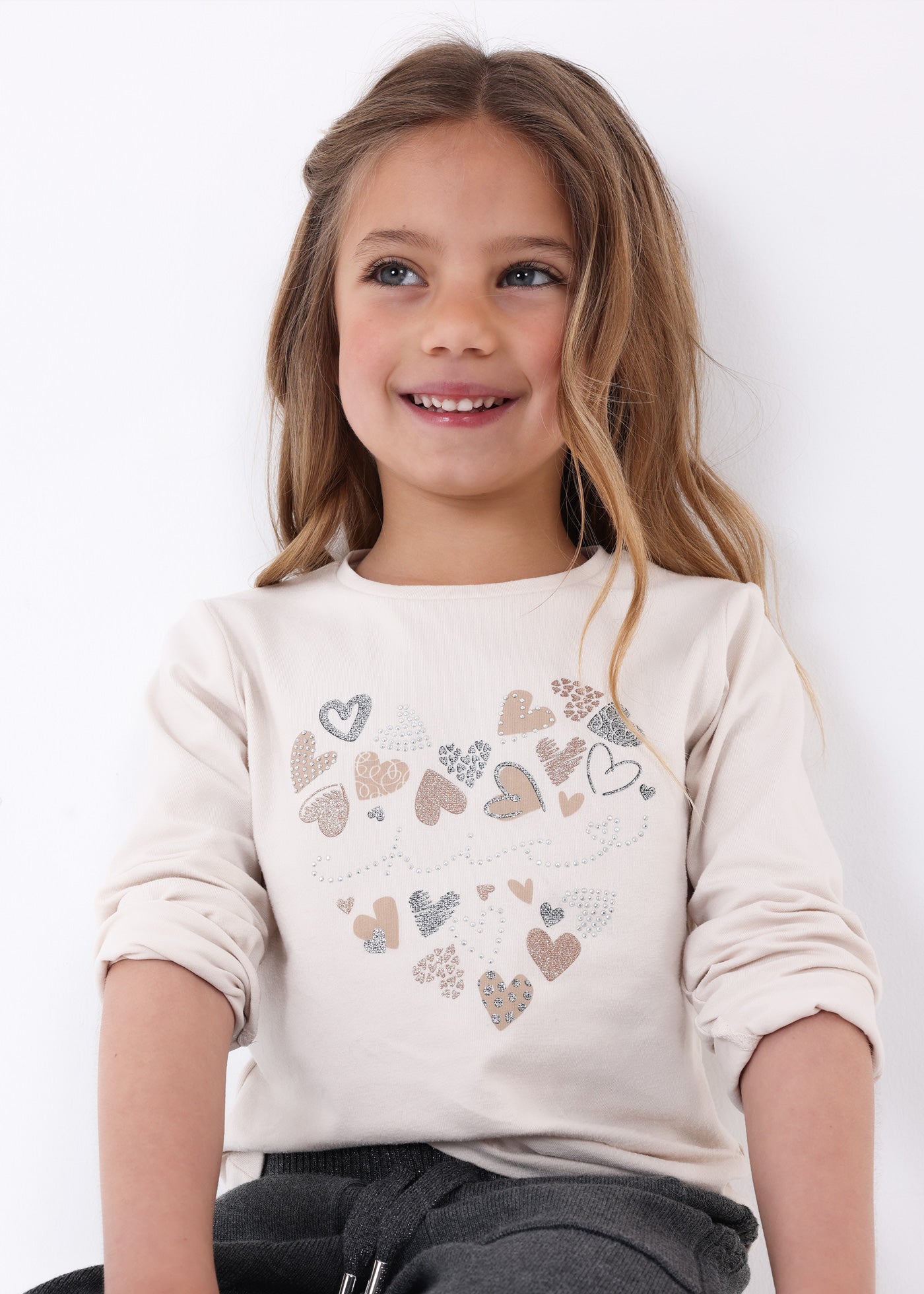 Mayoral Mini Cream Chic Cotton Hearts Shirt _ 178-77