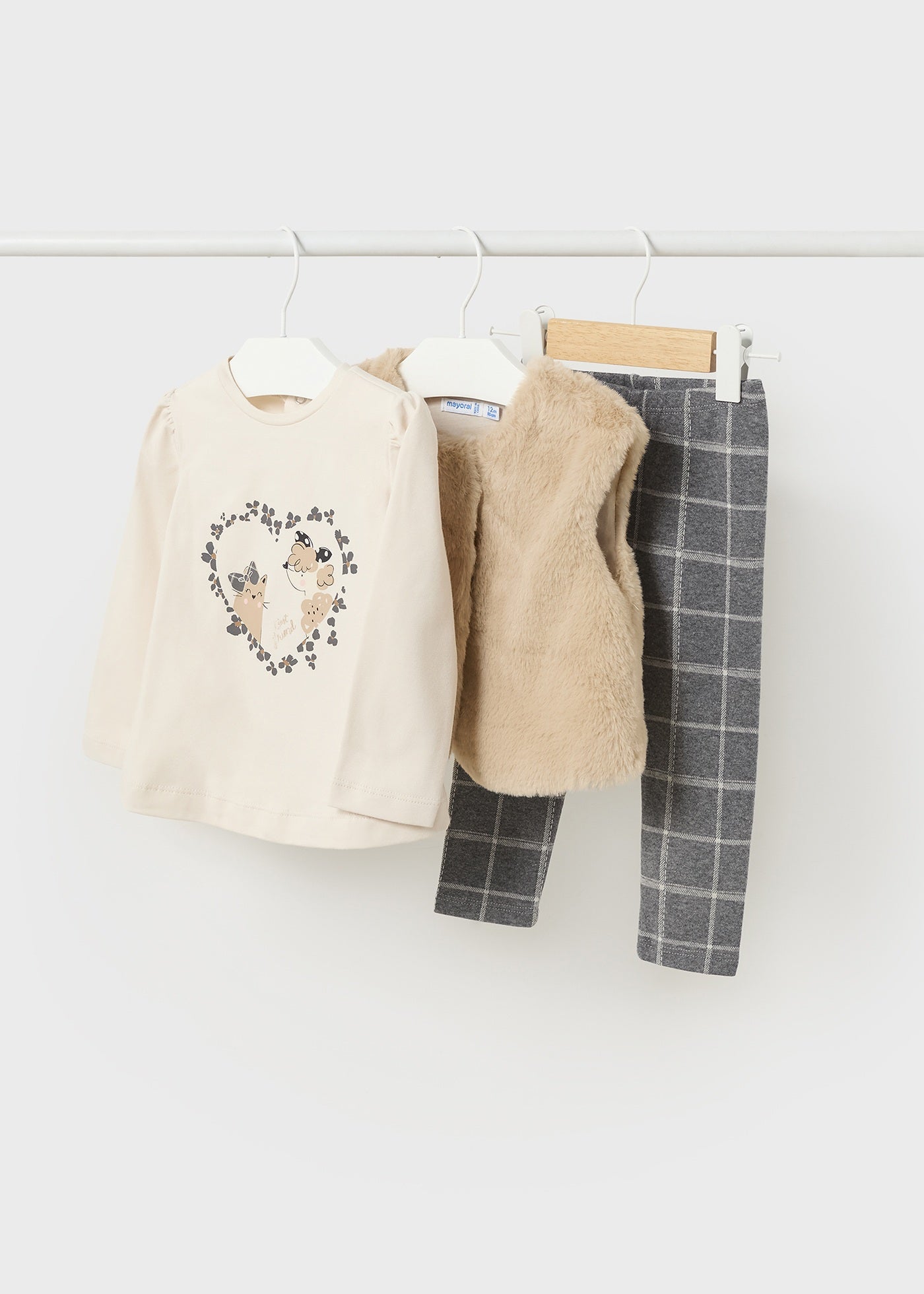 Mayoral Baby Beige Faux Fur Vest, Shirt & Grid Print Legging Set _2766-81