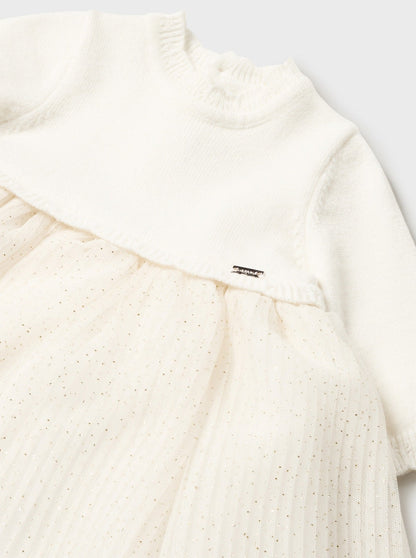 Mayoral Baby Off White Pleated Glitter Tulle Knit Dress _2858-49