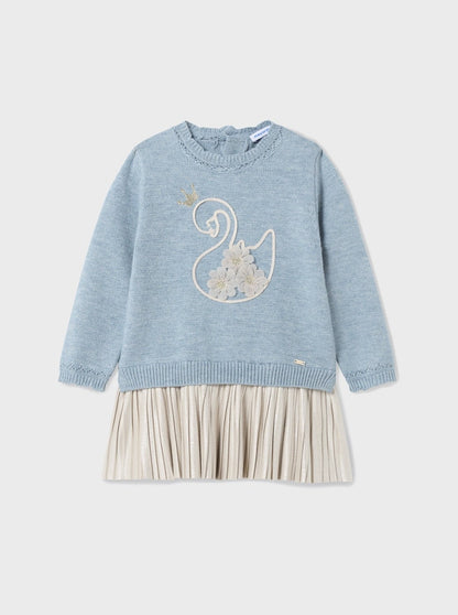 Mayoral Baby Blue Swan Pleated Knit Dress _2975-42