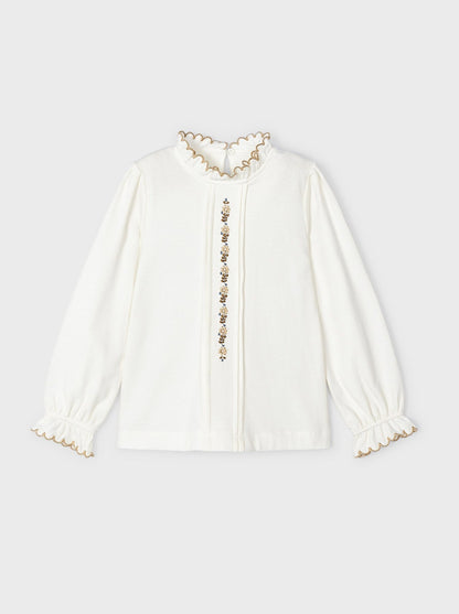 Mayoral Mini Off White & Beige Floral Embroidery Detail Blouse _4196-30