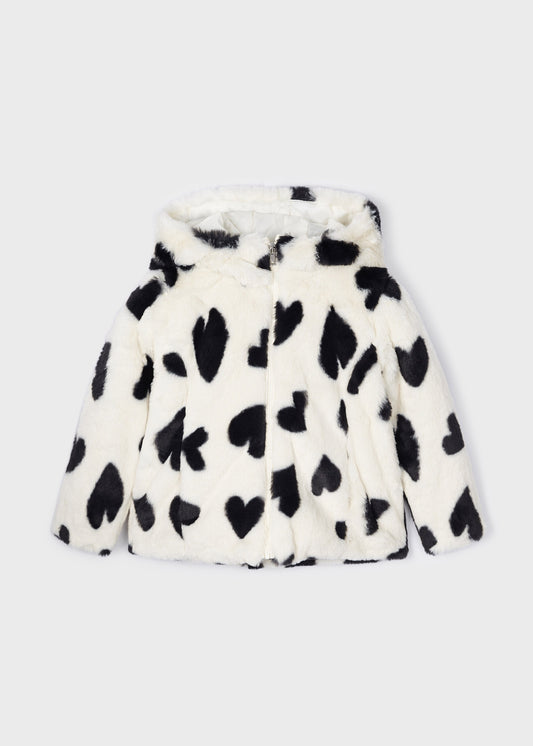 Mayoral Mini White Heart Print Faux Fur Hooded Jacket _4407-56