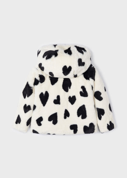 Mayoral Mini White Heart Print Faux Fur Hooded Jacket _4407-56