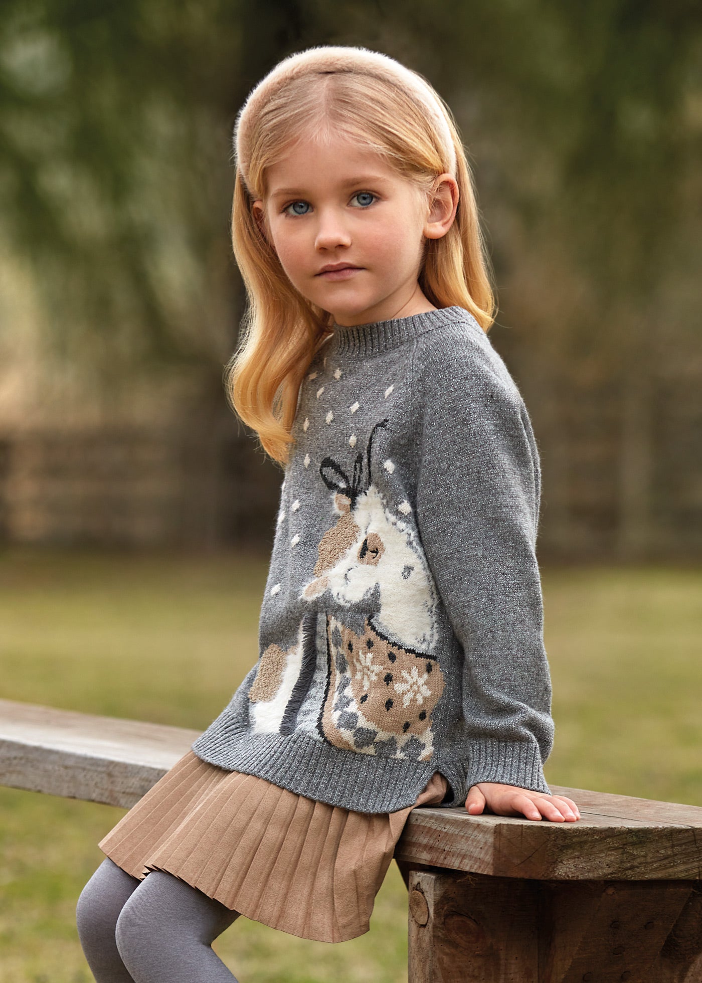 Mayoral Mini Grey & Beige Pleated Skirt Dress & Llama Sweater Set _4923-89