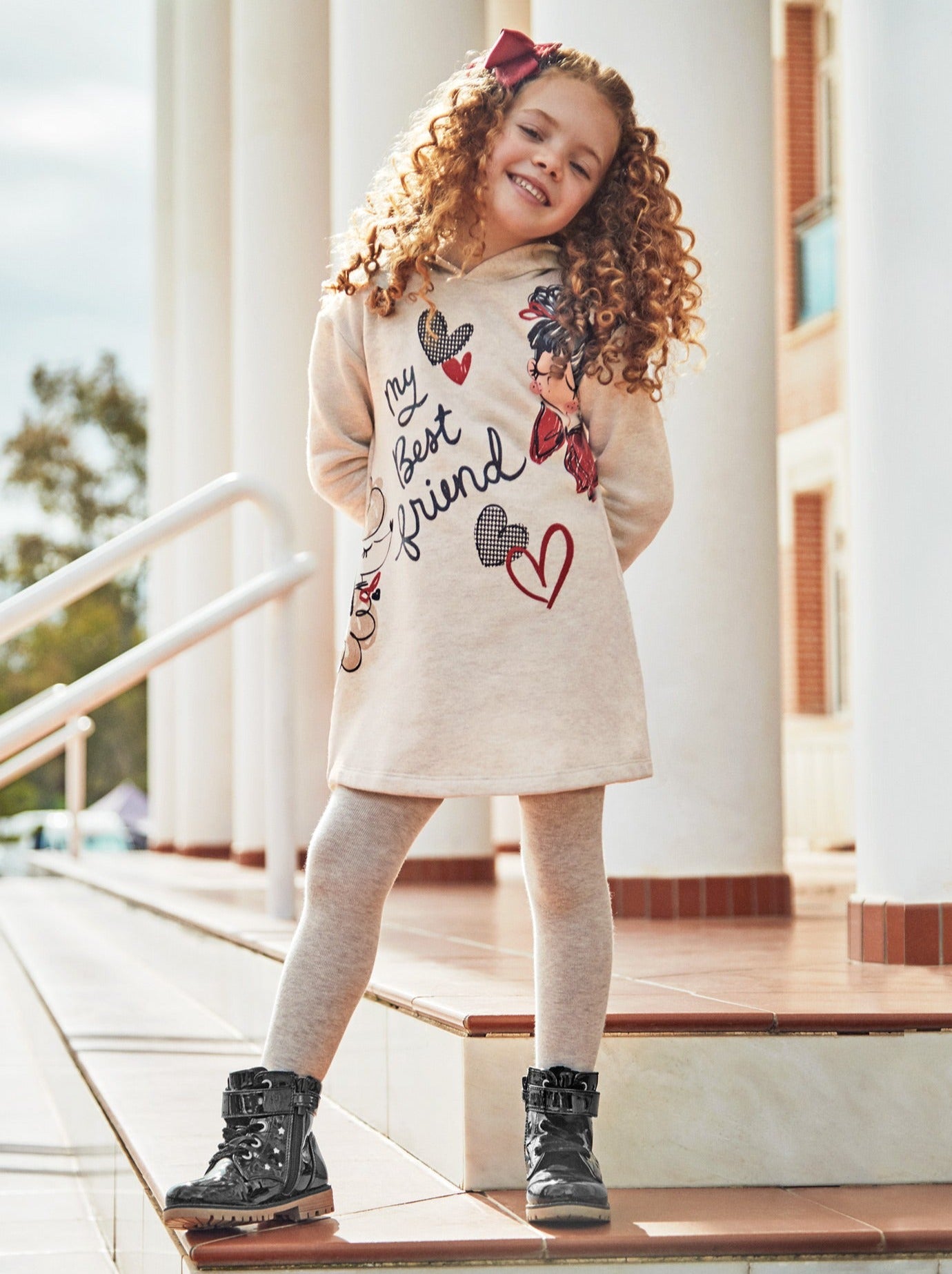 Mayoral Mini Beige Best Friend Graphic Hooded Sweater Dress _4929-11