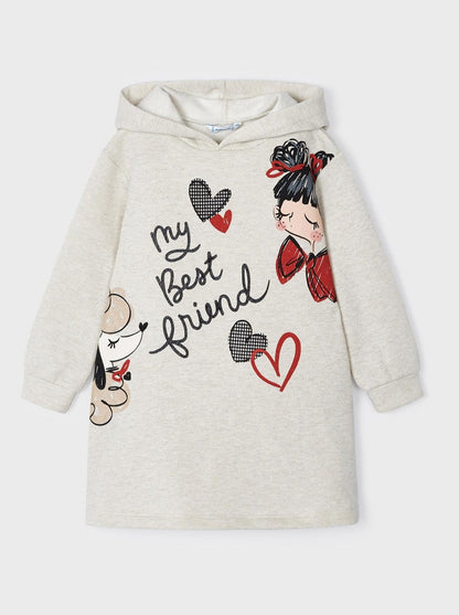 Mayoral Mini Beige Best Friend Graphic Hooded Sweater Dress _4929-11