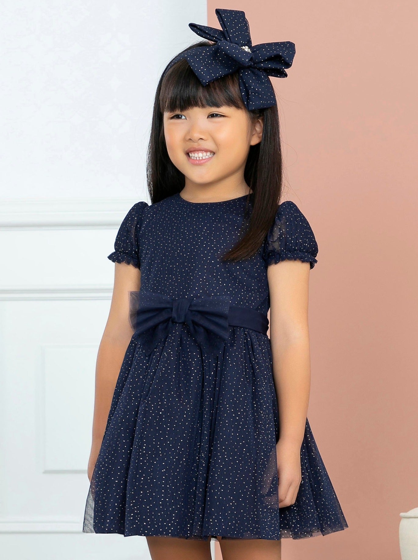 Abel & Lula Navy Midi Glitter Tulle Dress _5534-04