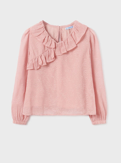 Mayoral Junior Pink Ruffle Neck Blouse _7175-32