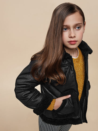 Mayoral Junior Black Faux Fur Trimmed Suede Jacket _7411-77