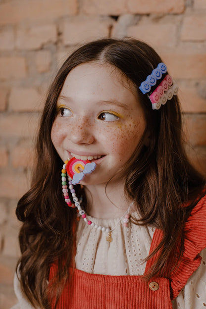 LR-Happy Faces Satin Blue White Pink Hair Clips _AC143S-3J