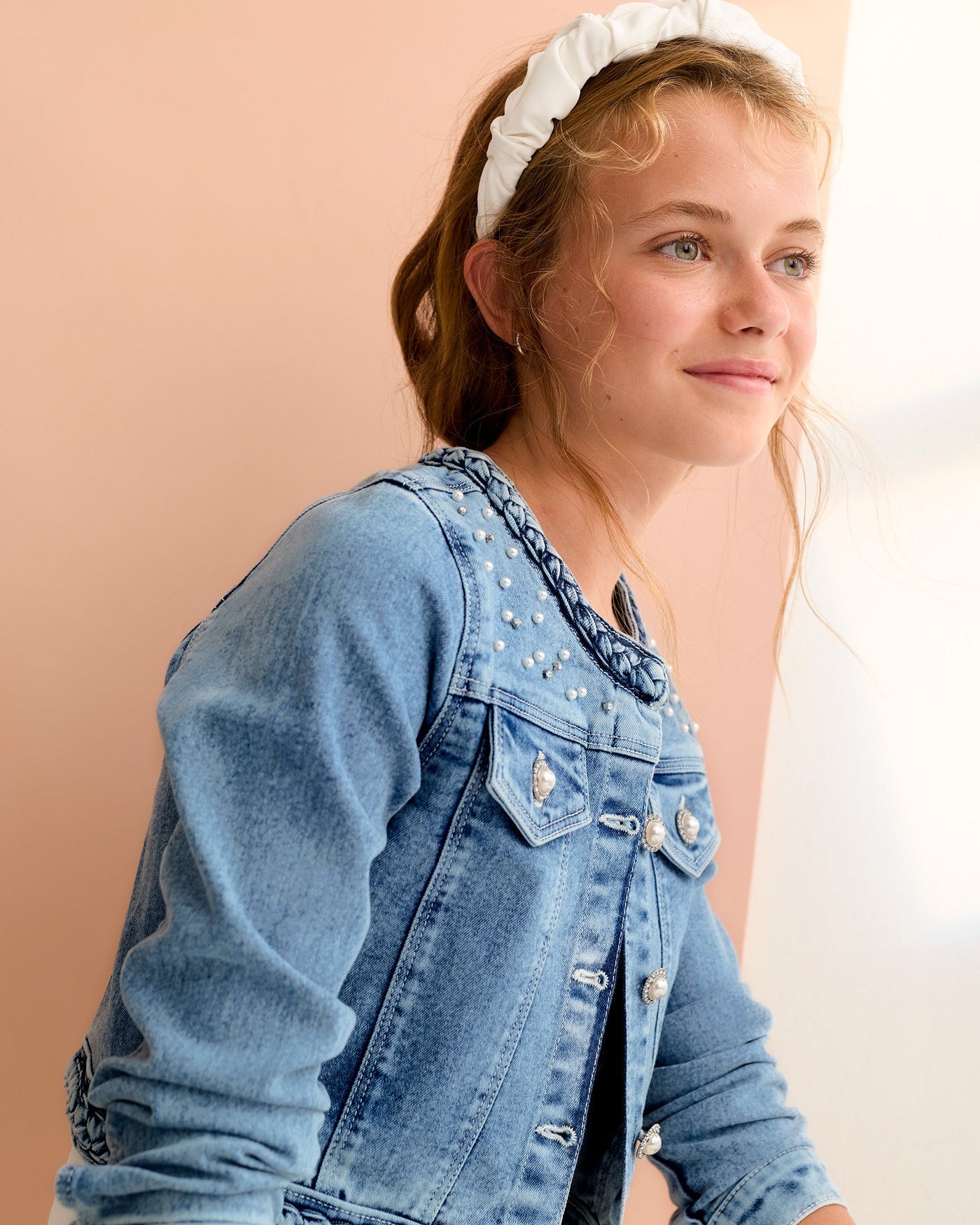 Abel & Lula Girls Denim Jacket With Pearls_ 5307