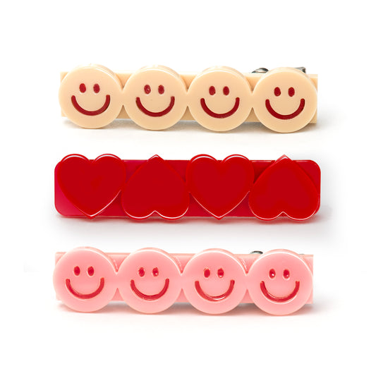 LR-Happy Faces Hearts Pink Hairclips Set of 3