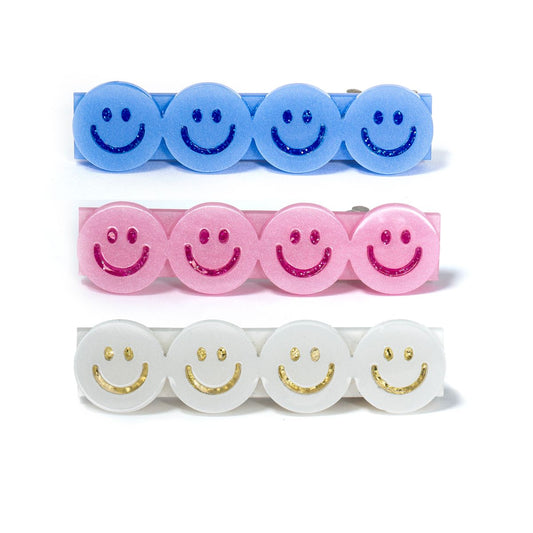 LR-Happy Faces Satin Blue White Pink Hair Clips _AC143S-3J