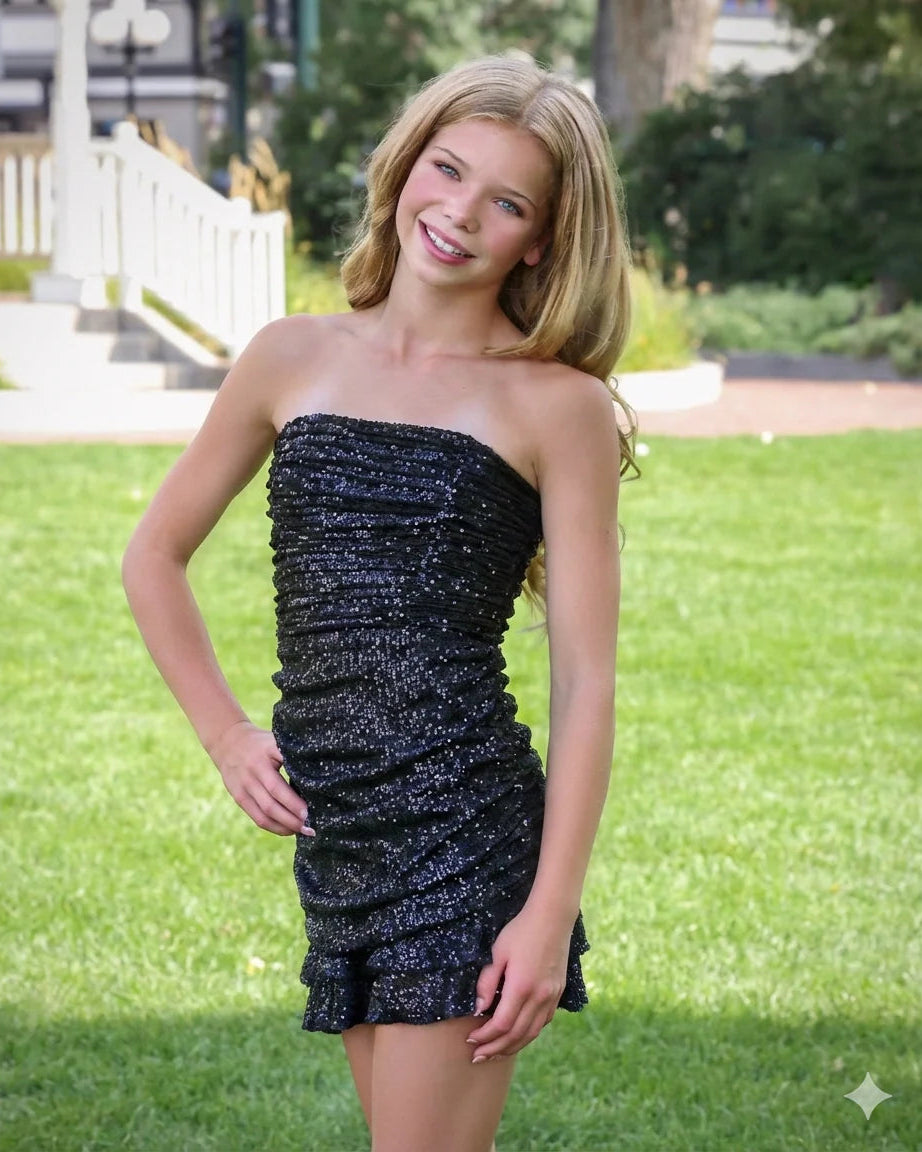 Tween girl in a sequins black strapless dress standing outdoors on grass
