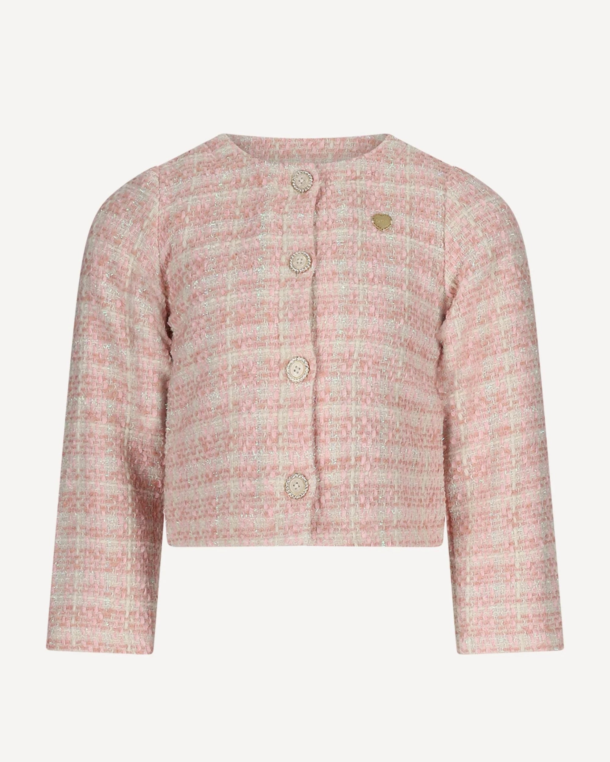 Pink textured tweed jacket on a white background