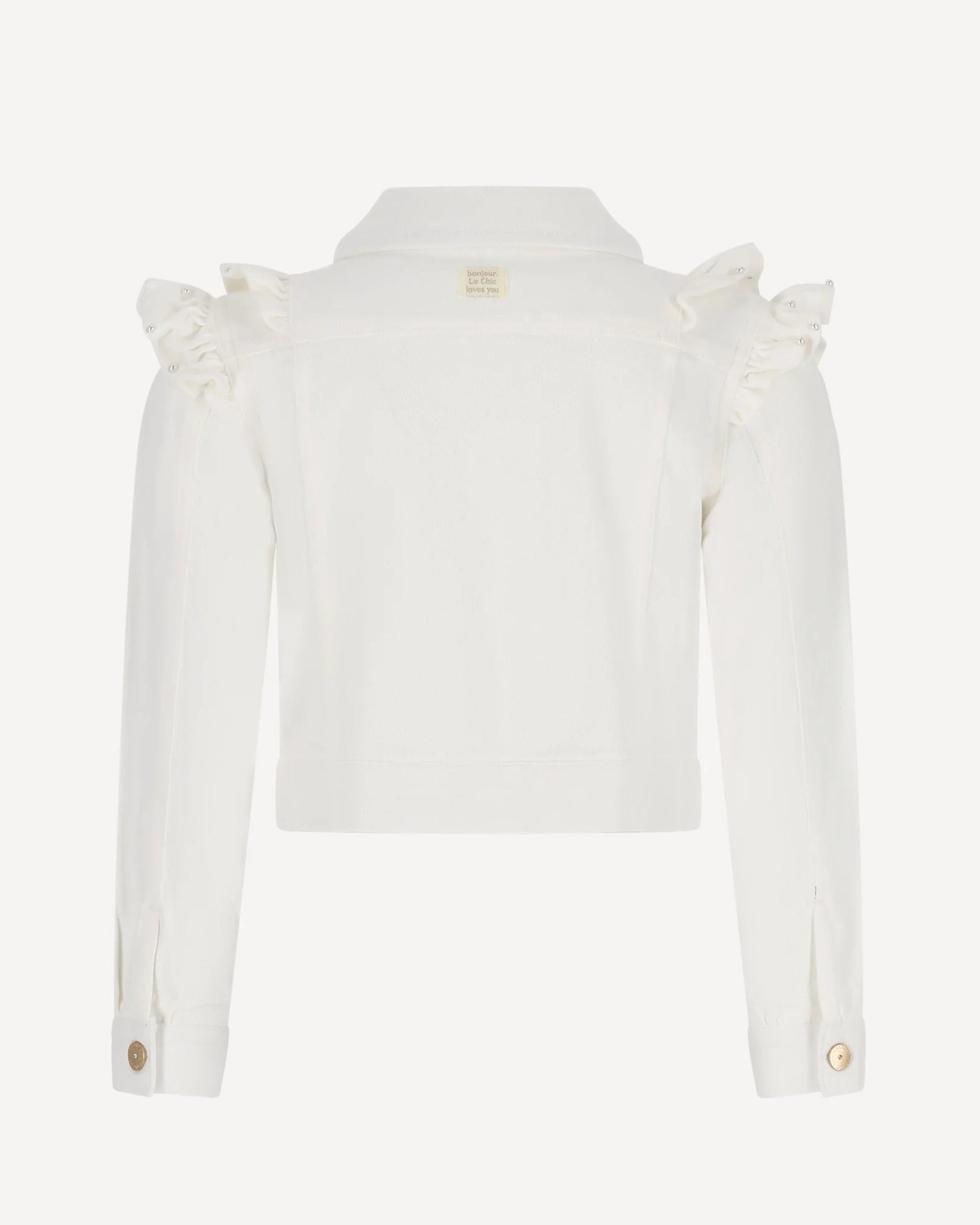 White jean jacket with ruffled shoulders on a white background