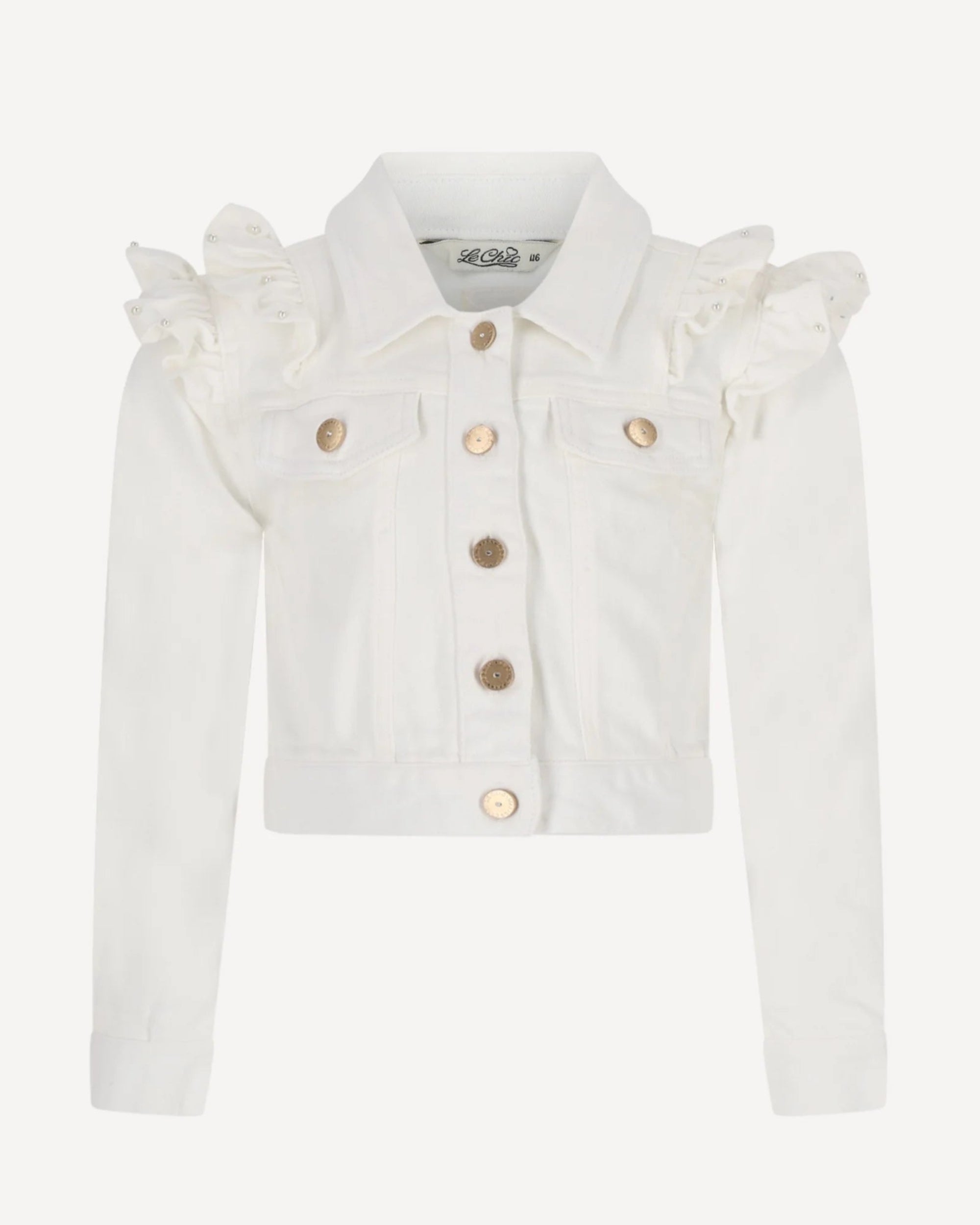 White denim jacket with ruffled collar on a white background