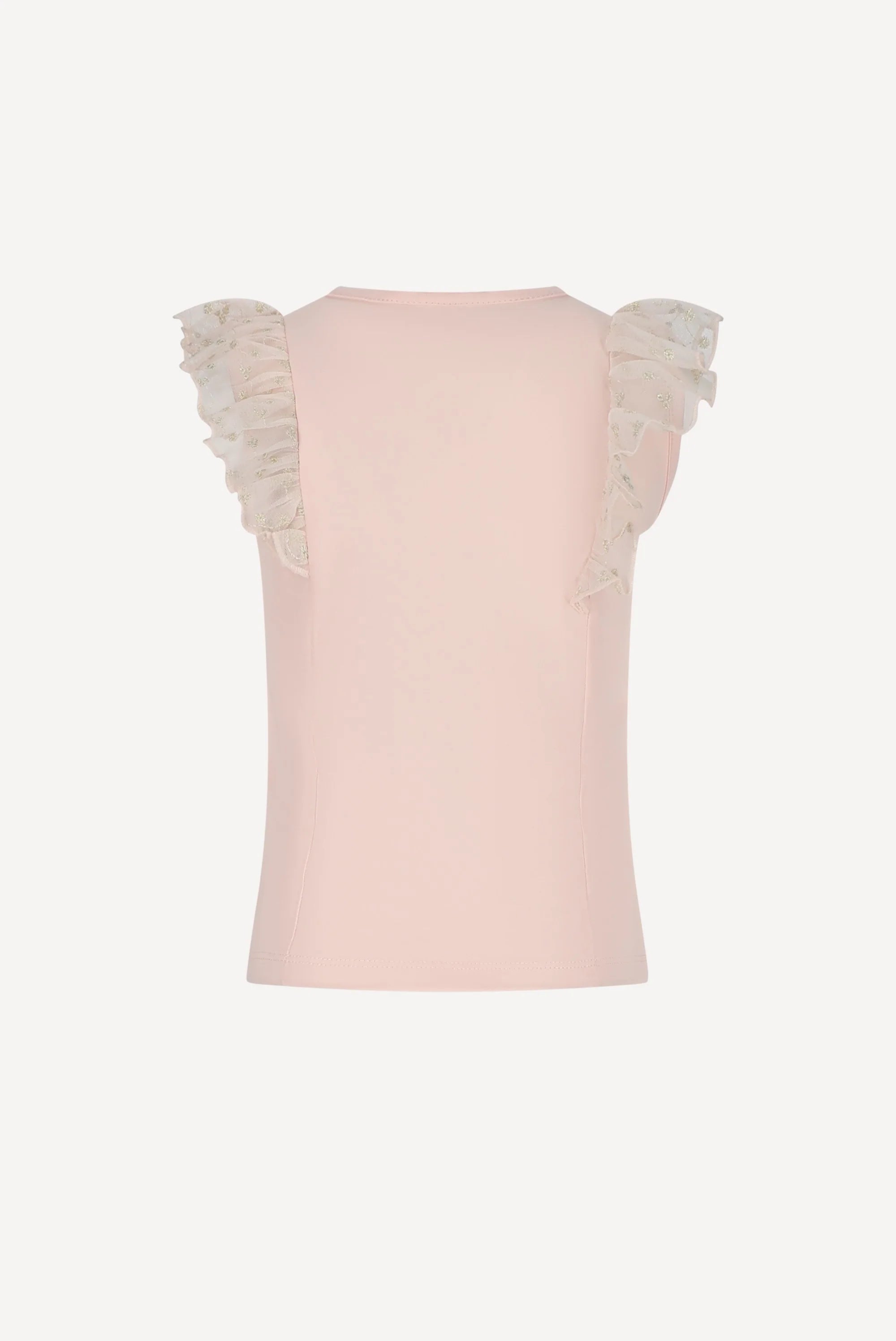Light pink sleeveless top with ruffled shoulders on a white background