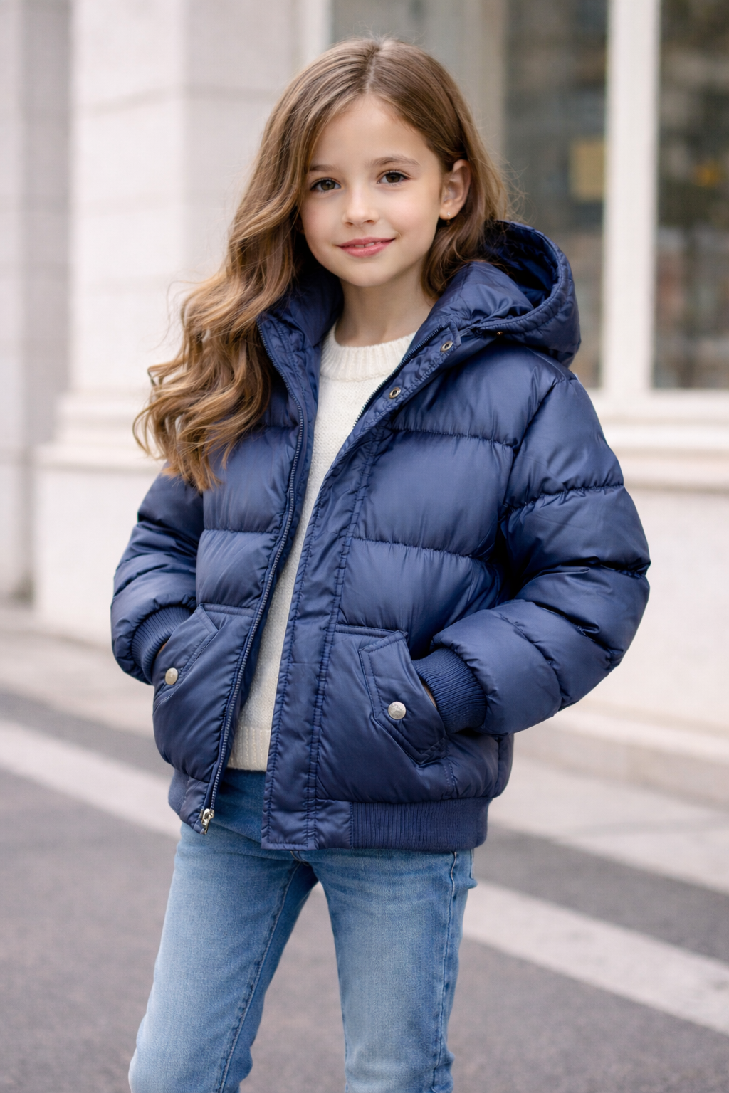 Young girl wearing a blue puffer jacket standing outdoors.