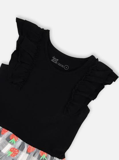 Deux Par Deux Black Bi-Material Dress w/ Mesh & Vichy Skirt_ F30K87-999