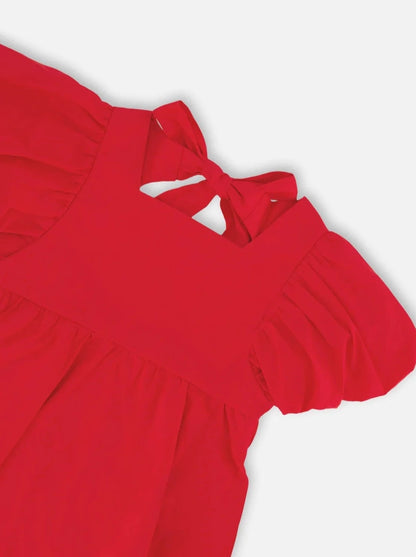 Deux Par Deux Red Bubble Sleeves Dress_ F30K88-732