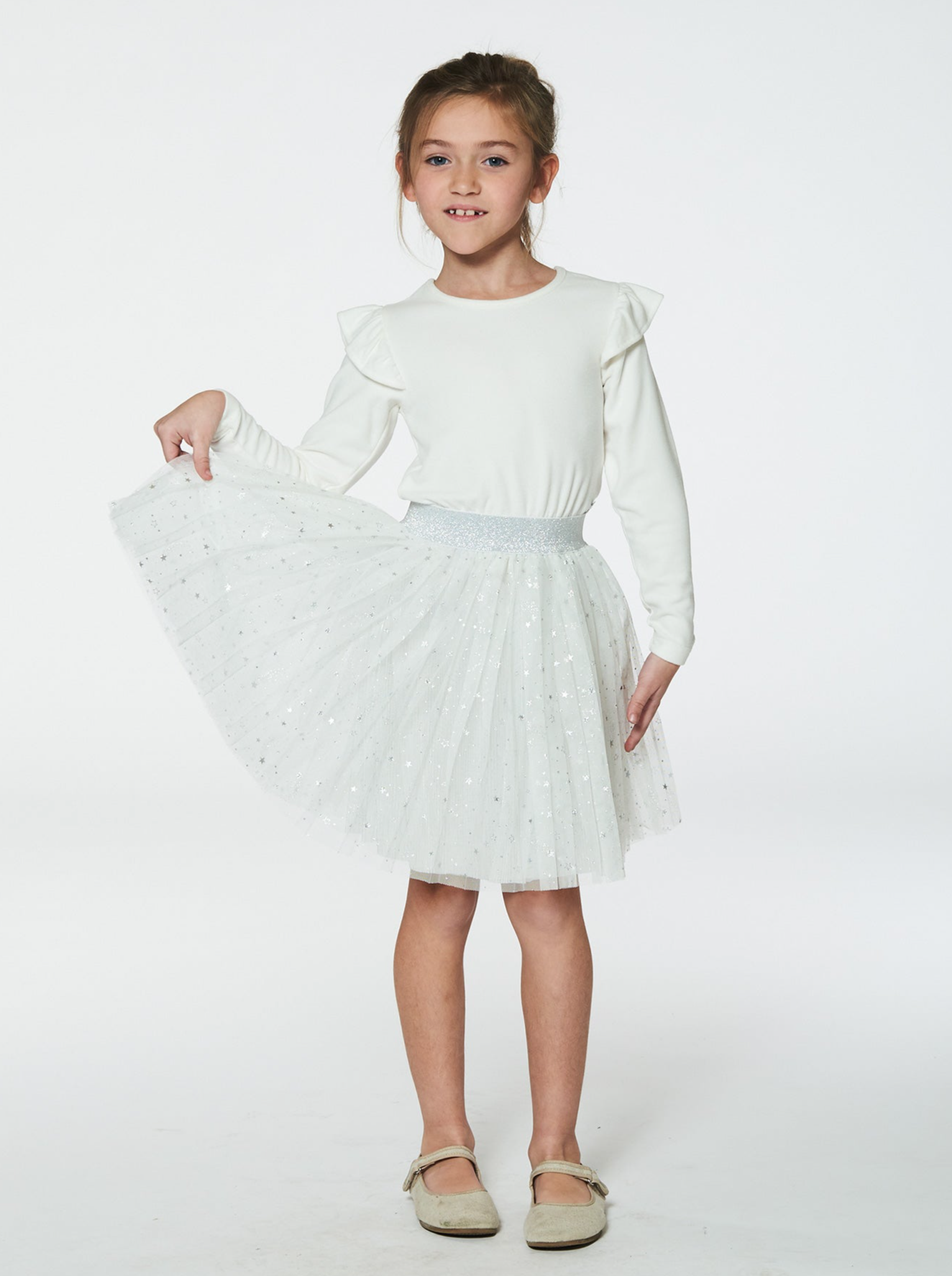 Long Sleeve Dress With Glittering Tulle Skirt Off White 6