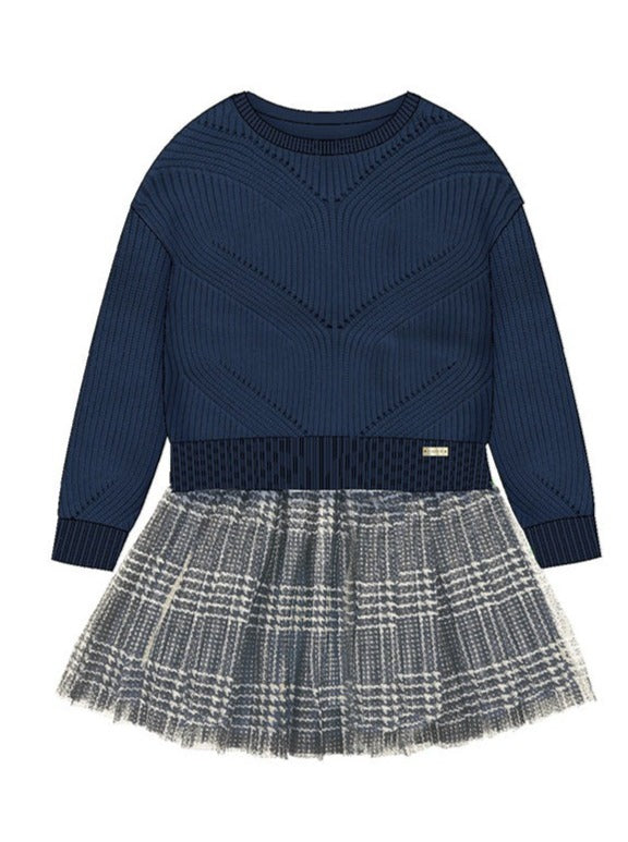 Mayoral Mini Navy Sweater & Plaid Tulle Skirt One Piece Dress _4915-71