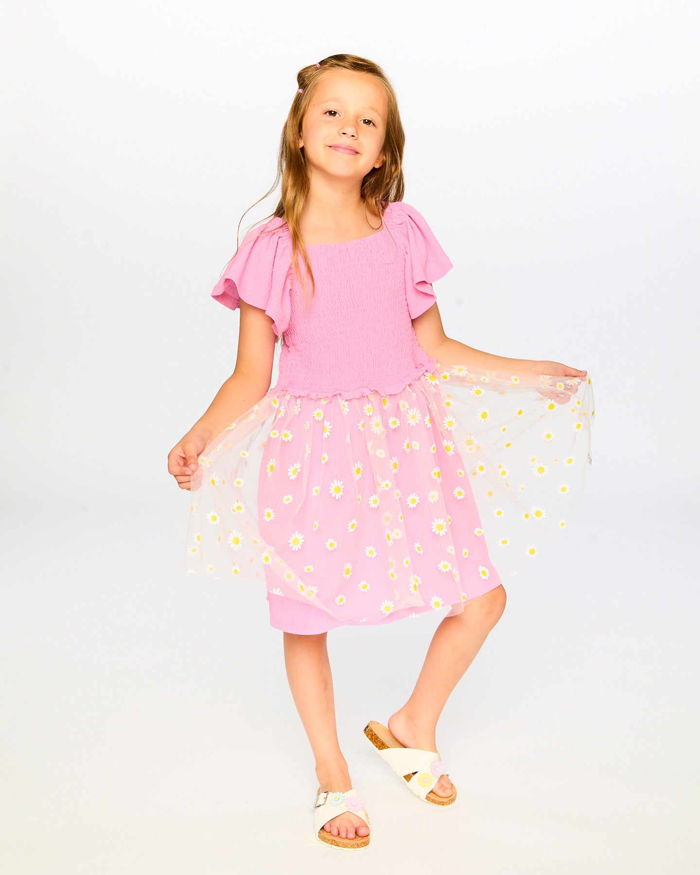 Deux Par Deux Girls Mesh Dress With Smocking_ H30I87