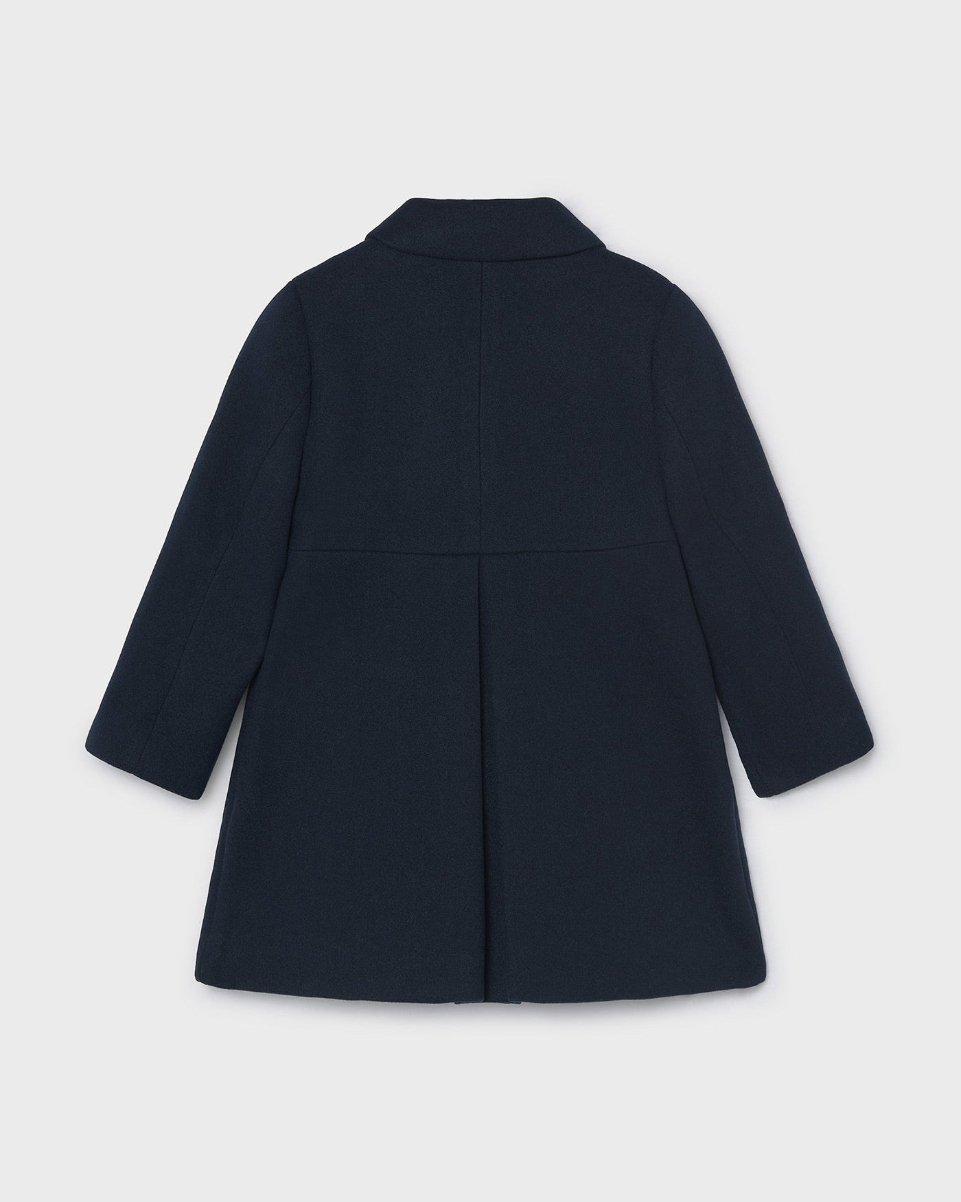 A dark navy blue long-sleeve coat shown from the back, featuring a structured collar and a central seam, photographed against a light gray background.