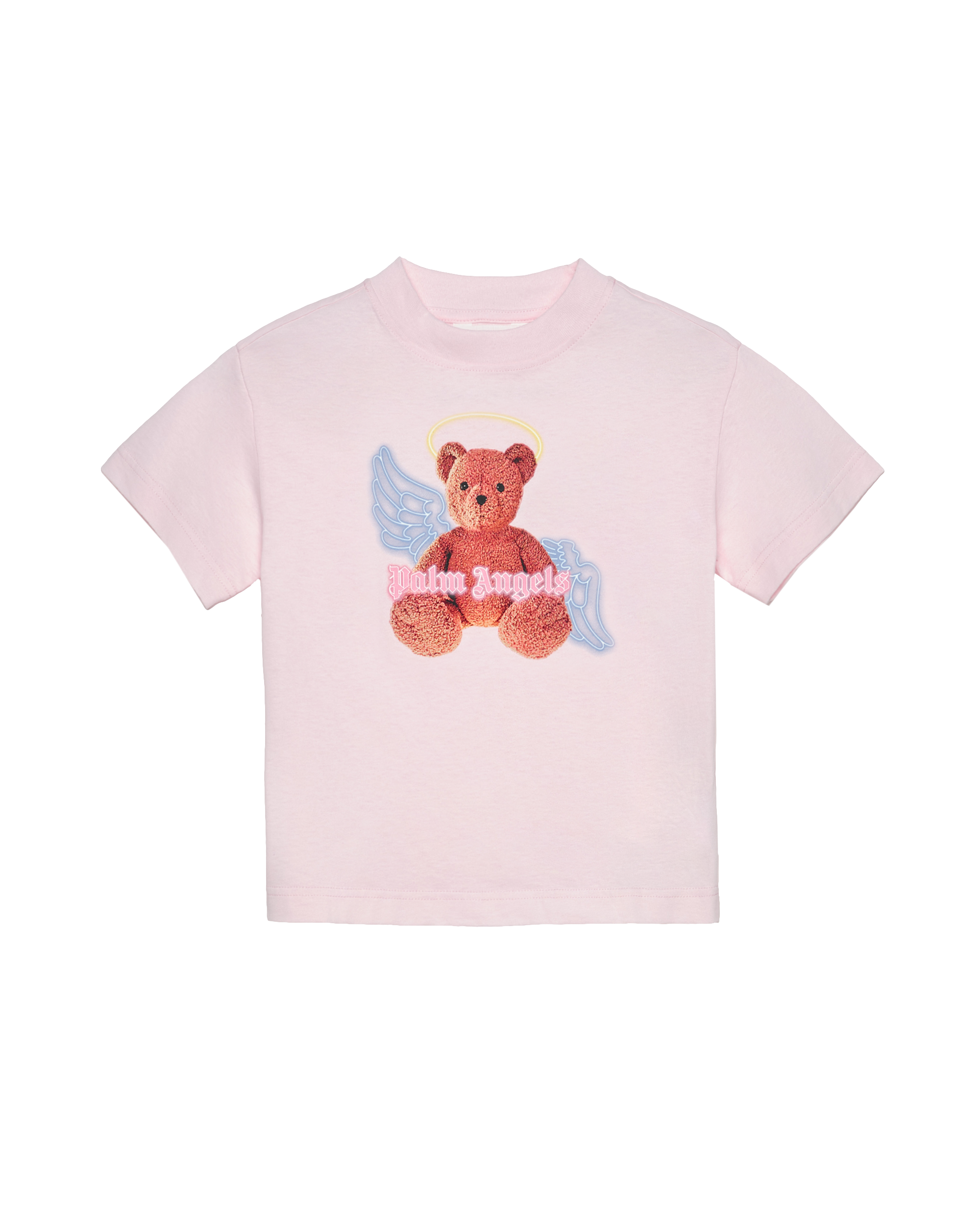 Pink t-shirt with a teddy bear graphic on a white background