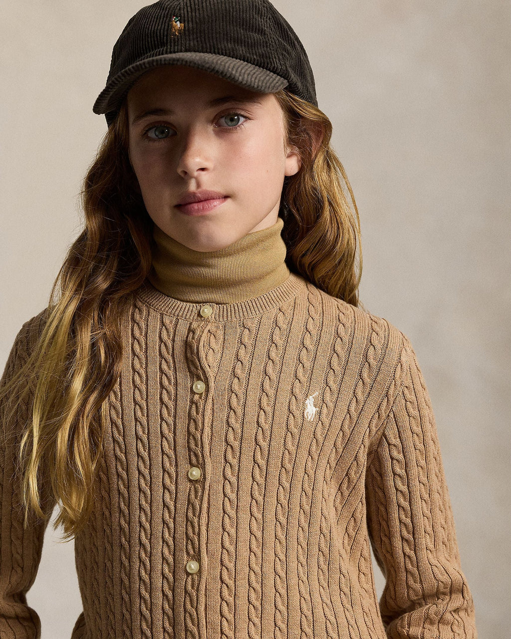 Ralph Lauren Girls Cable-Knit Cotton Cardigan Camel model