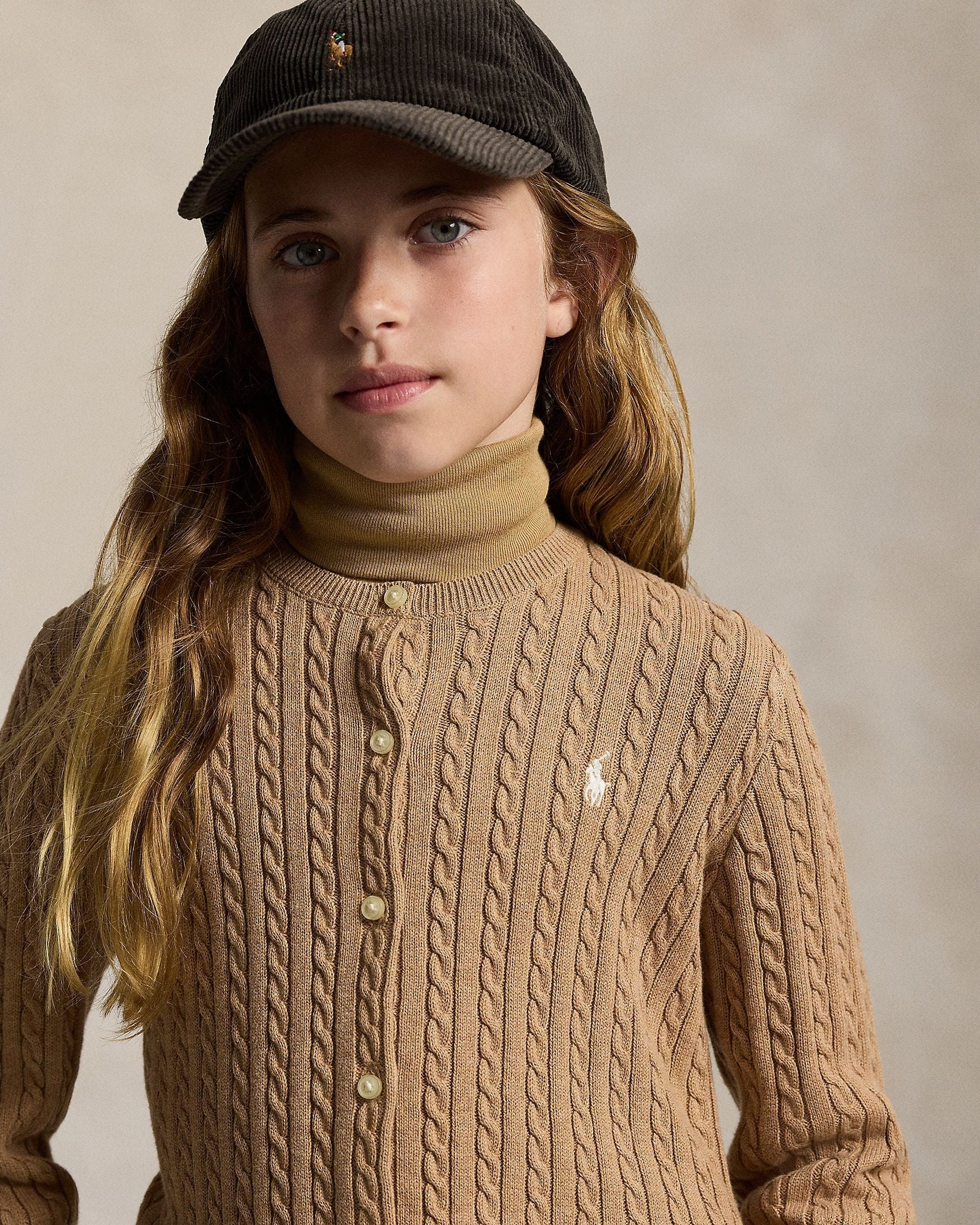 Ralph Lauren Girls Cable-Knit Cotton Cardigan Camel model