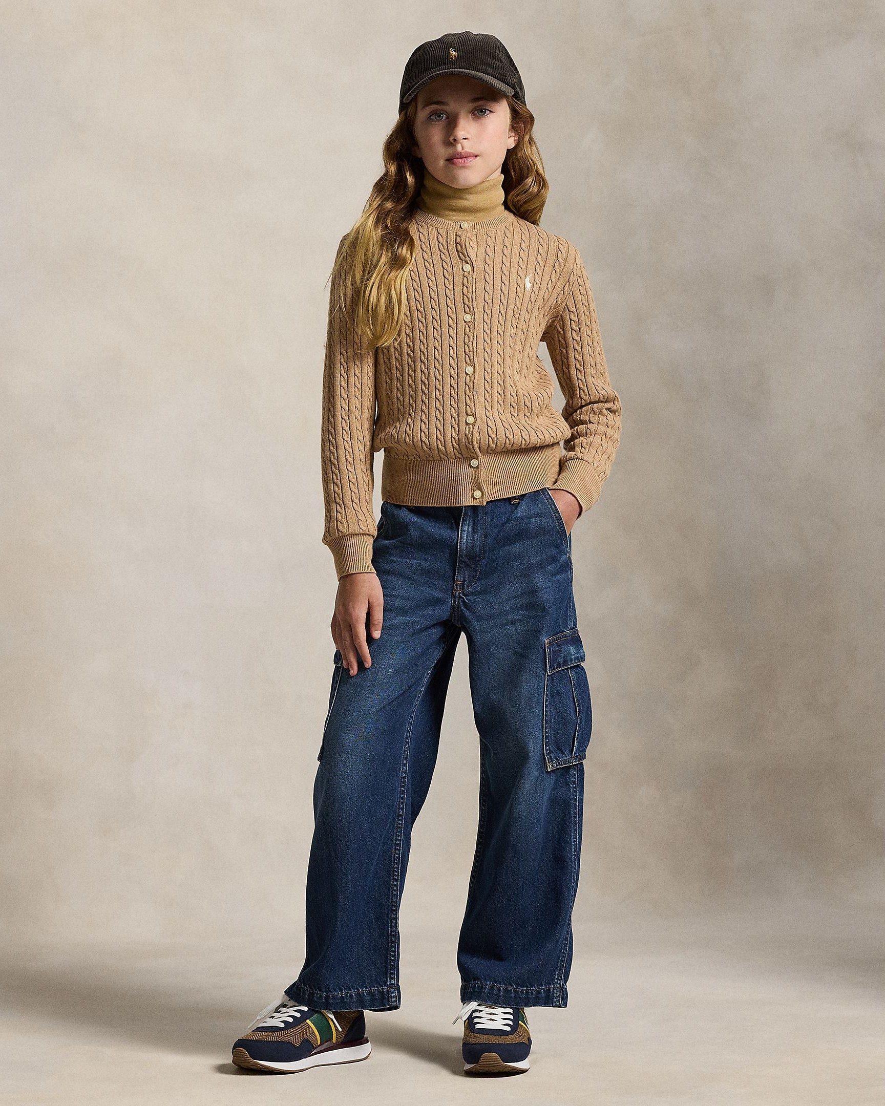 Ralph Lauren Girls Cable-Knit Cotton Cardigan Camel model full