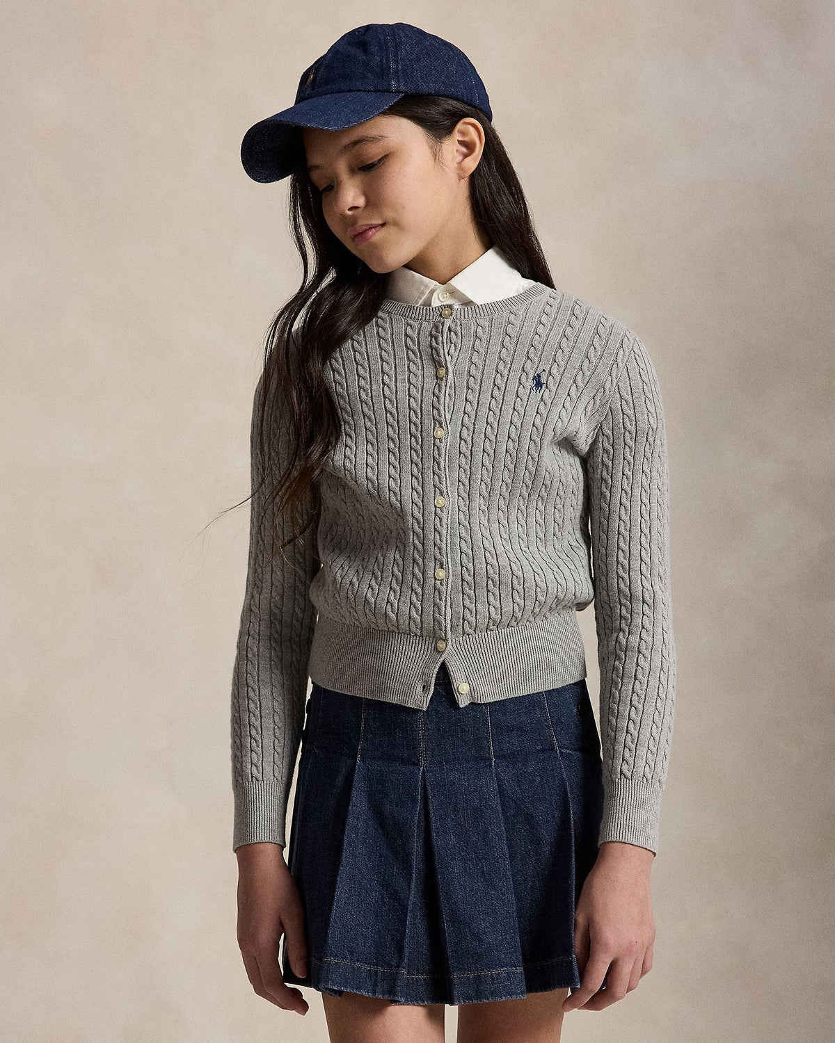 Ralph Lauren Girls Cable-Knit Cotton Cardigan light grey