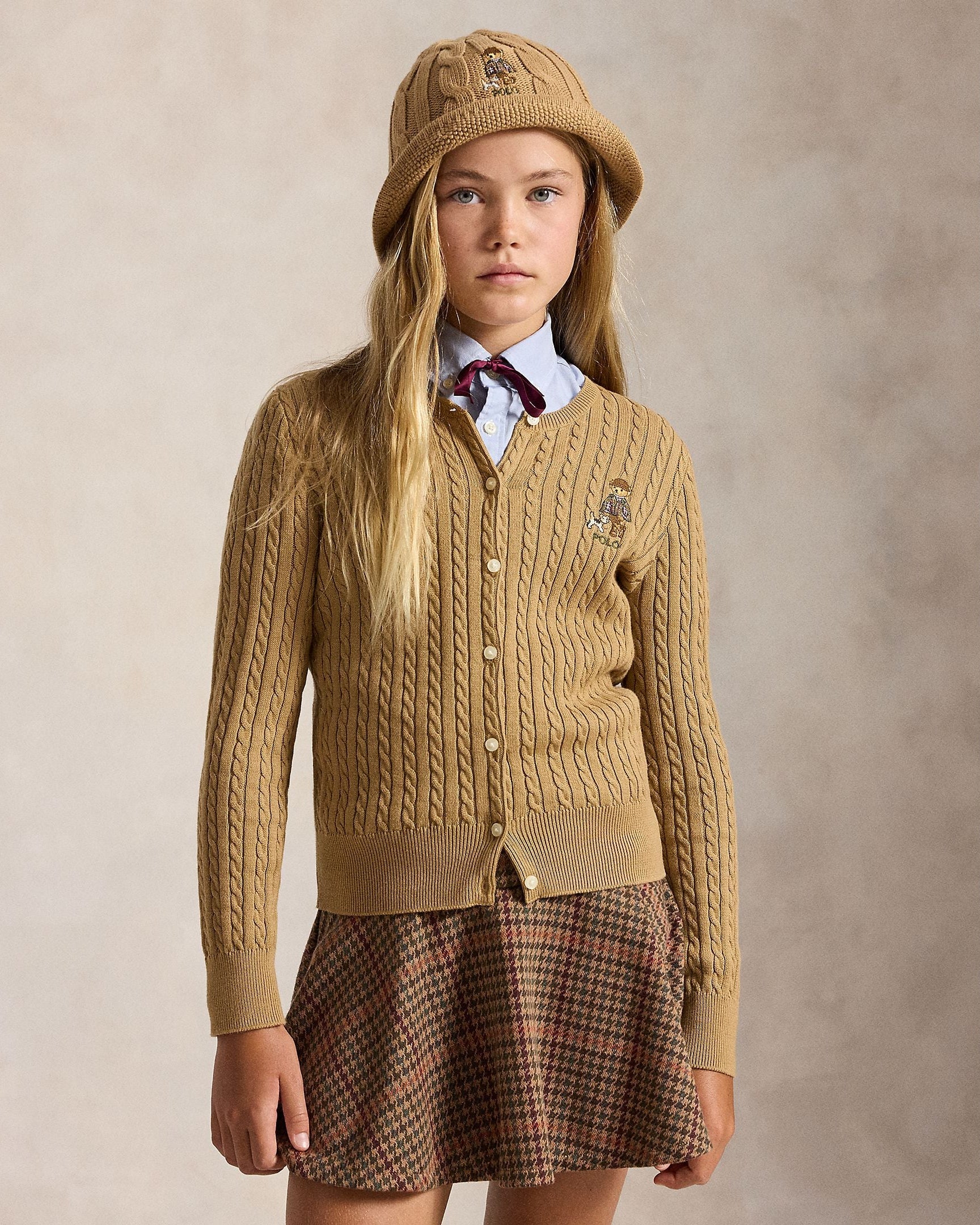 Ralph Lauren Girls Cable-Knit Polo Bear Cotton Cardigan