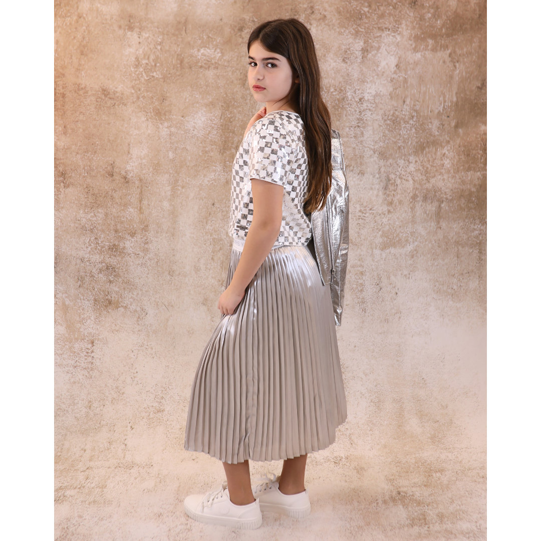 Silver pleated skirt sales midi