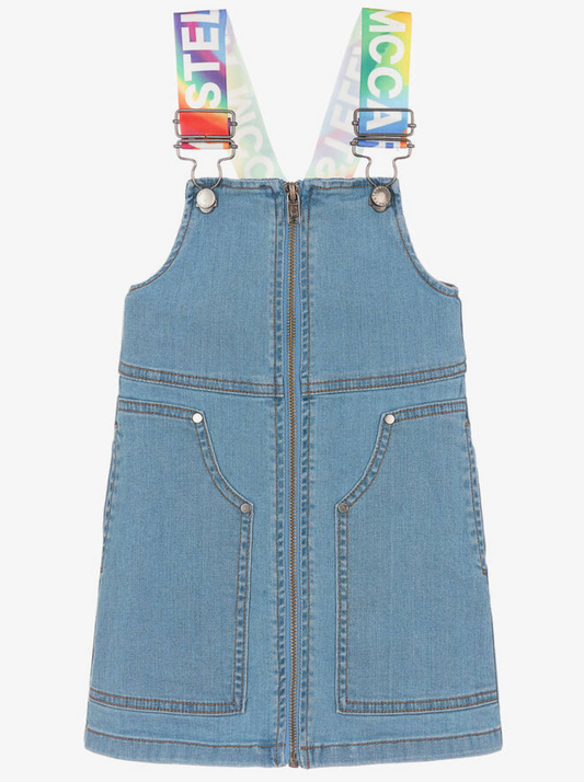 Stella McCartney Blue Denim Dungaree Dress With Rainbow Logo Tape