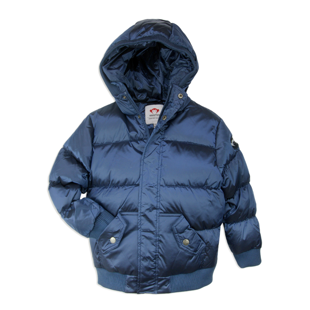 Blue puffer jacket with a hood on a white background