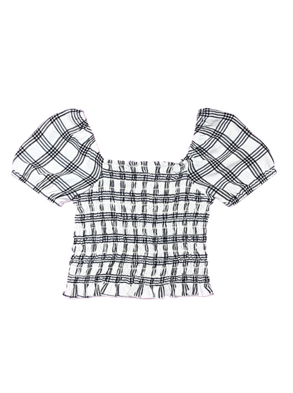 Cheryl Kids White Plaid Smocked Puff Sleeve Top _6042-012