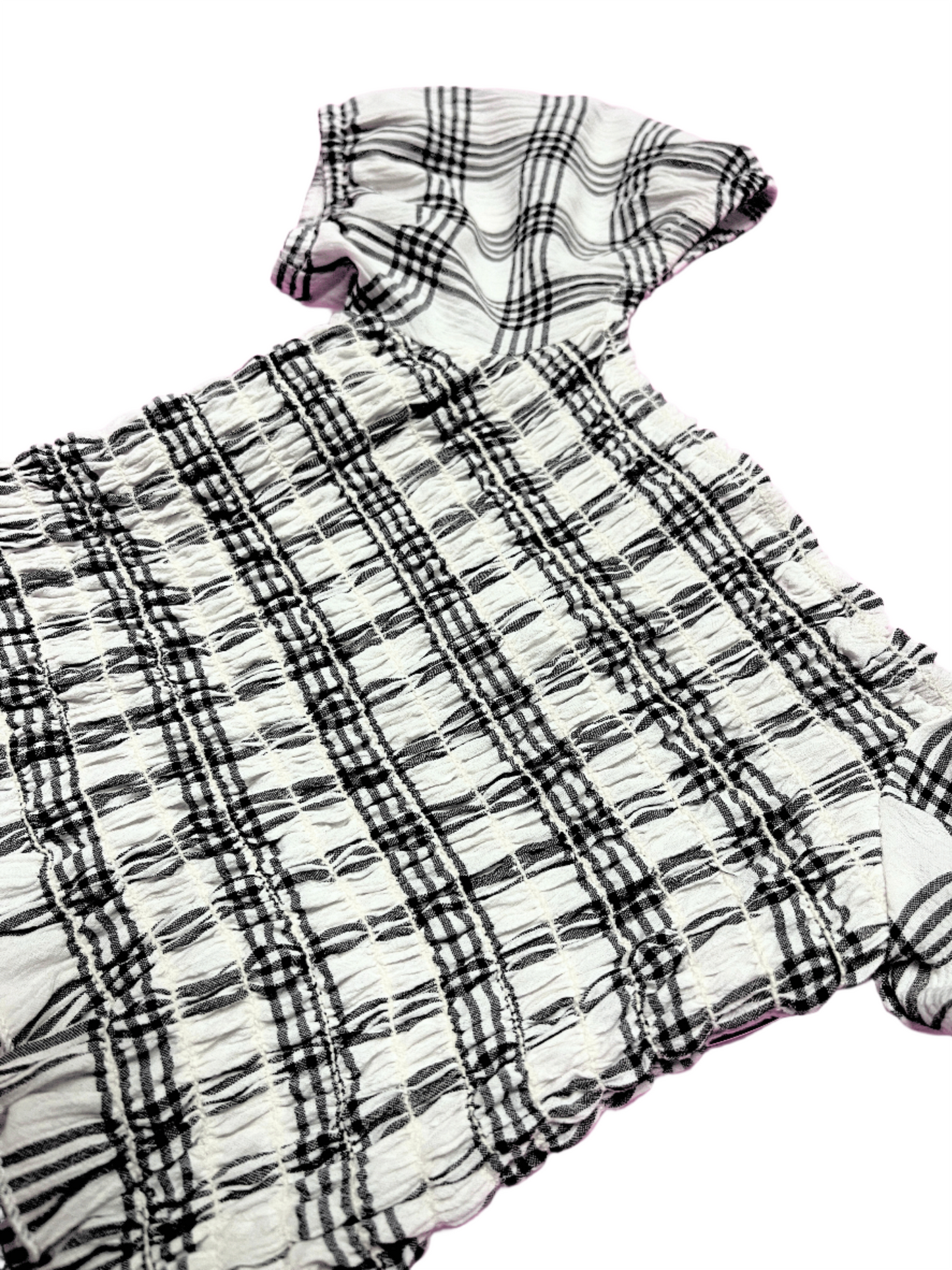 Cheryl Kids White Plaid Smocked Puff Sleeve Top _6042-012