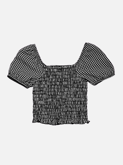 Cheryl Kids Black Grid Smocked Puff Sleeve Top _ 6042-0452